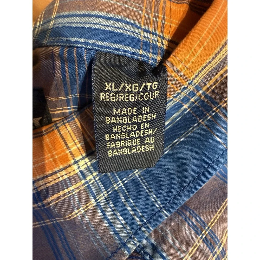 Wrangler Shirt Men's XL Orange‎ Blue Plaid Pearl Snap Western Rodeo Logo LS